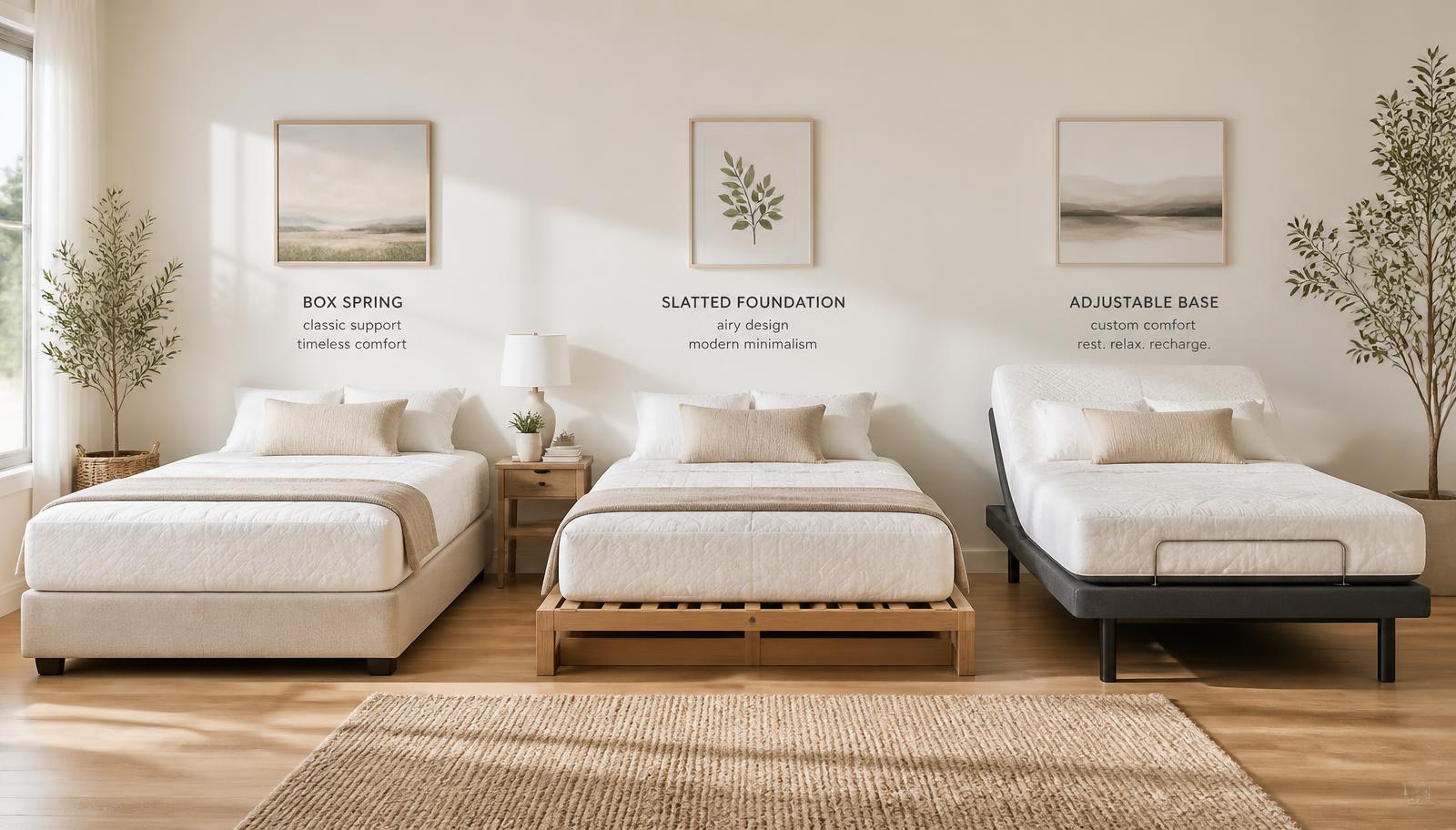 Bright neutral bedroom showing three mattress support options side by side — a traditional box spring, a modern slatted foundation, and an adjustable base with the head raised