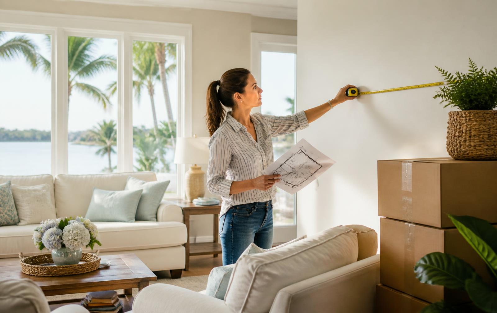Homeowner measuring a new living room before deciding whether to buy furniture before moving.