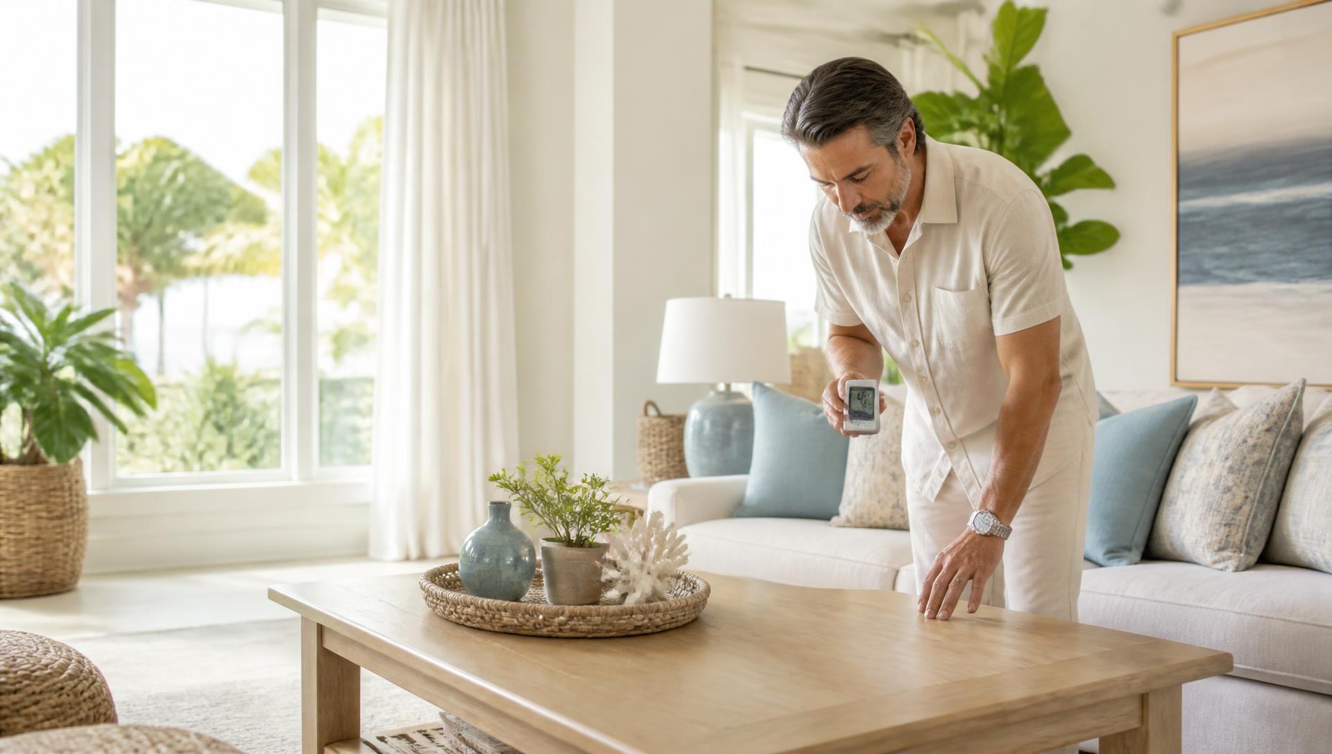 Florida homeowner checking a digital humidity monitor beside a solid oak coffee table in a sunlit coastal living room