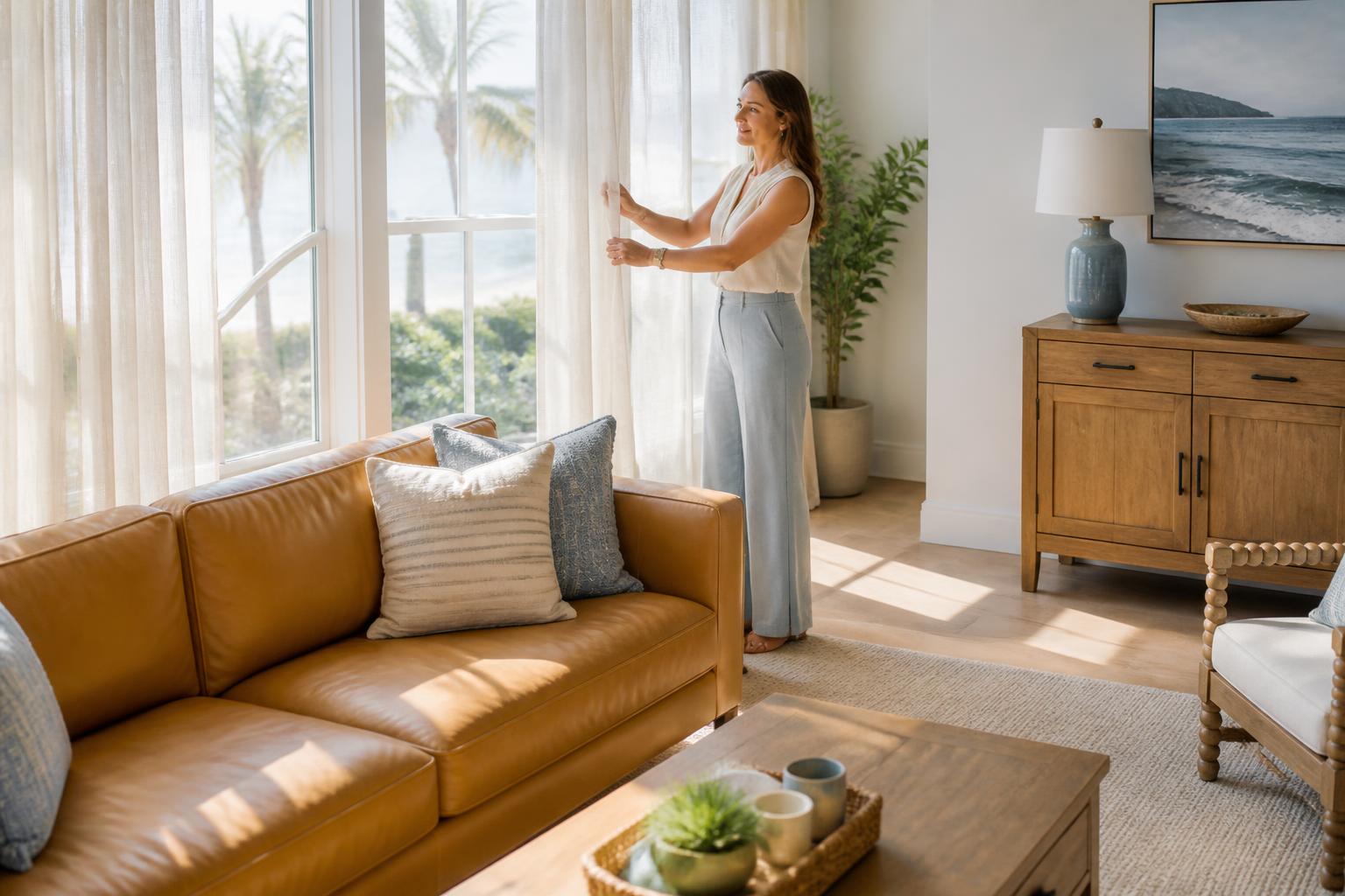 Homeowner adjusting sheer window coverings in a bright Florida living room with afternoon sunlight falling across a leather sofa and a wood console table.