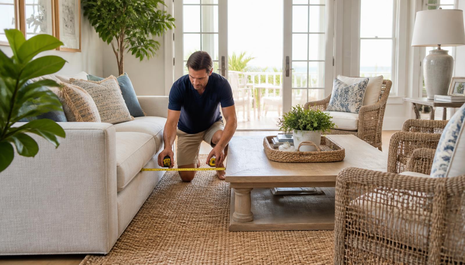 Homeowner measuring furniture spacing in a bright living room to improve room layout and traffic flow.