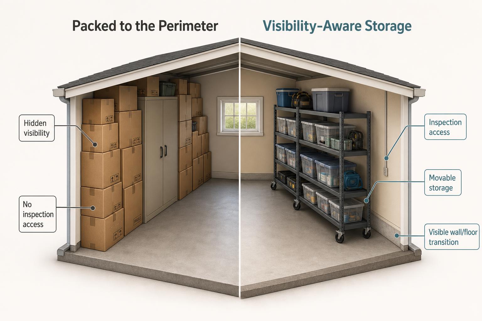 Side-by-side isometric garage illustration comparing storage packed tightly against the perimeter wall with visibility-aware storage on movable shelving that leaves the wall and floor transition observable.