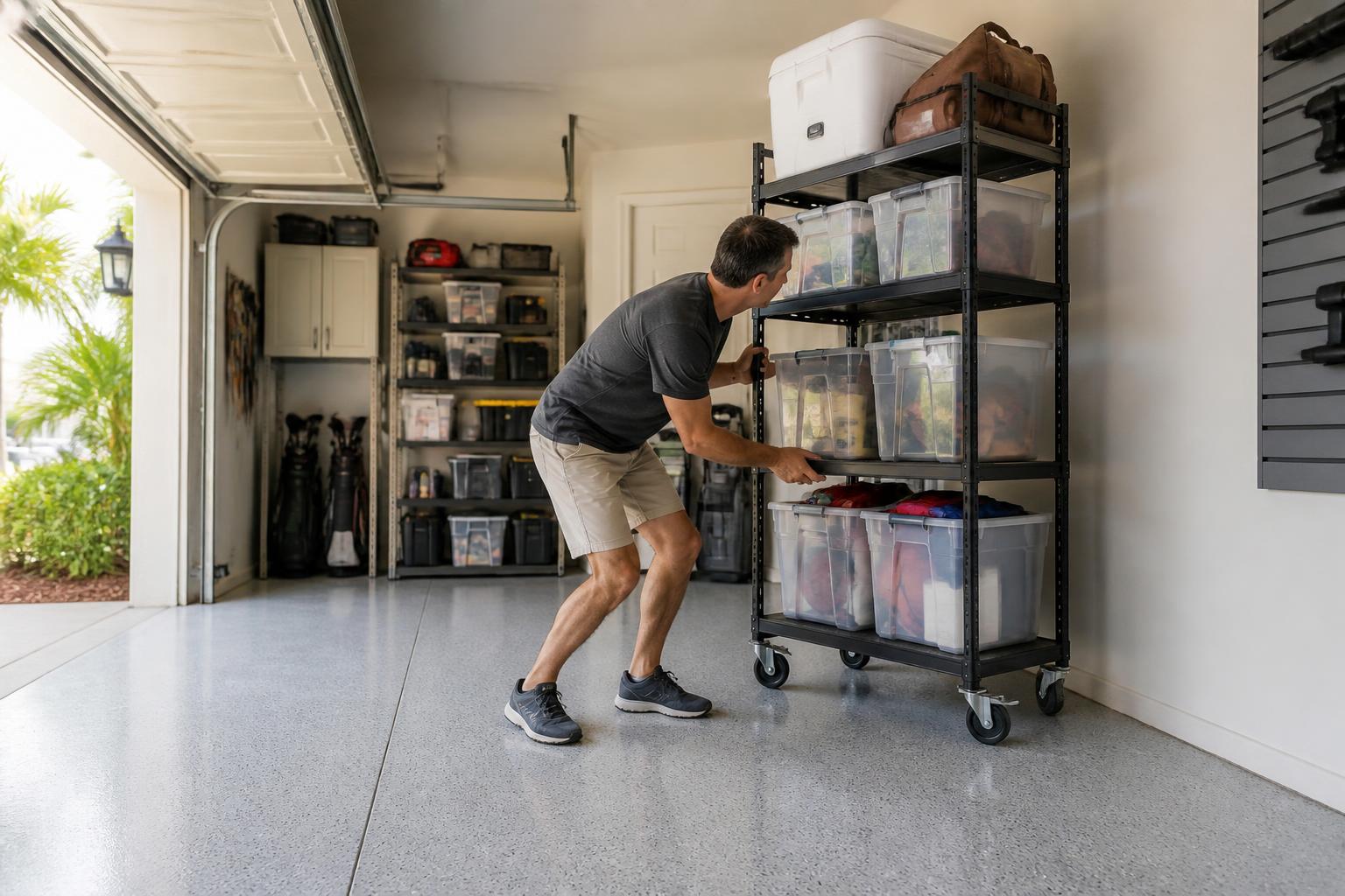 Homeowner checking the wall behind organized garage storage to maintain visibility and notice changes around the garage perimeter.