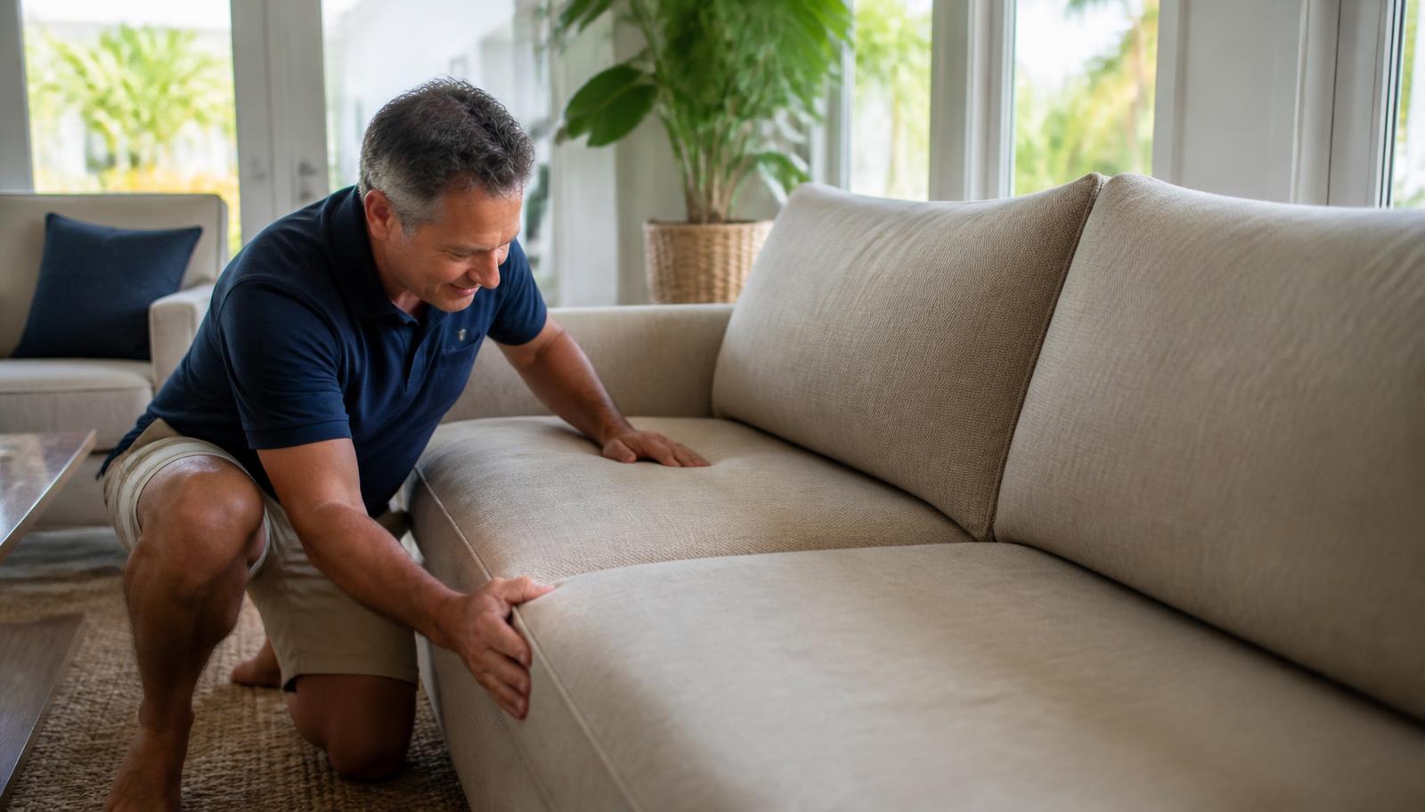 Homeowner examining the cushions and upholstery of a well-used sofa in a bright living room to decide whether it should be maintained, repaired, or replaced.