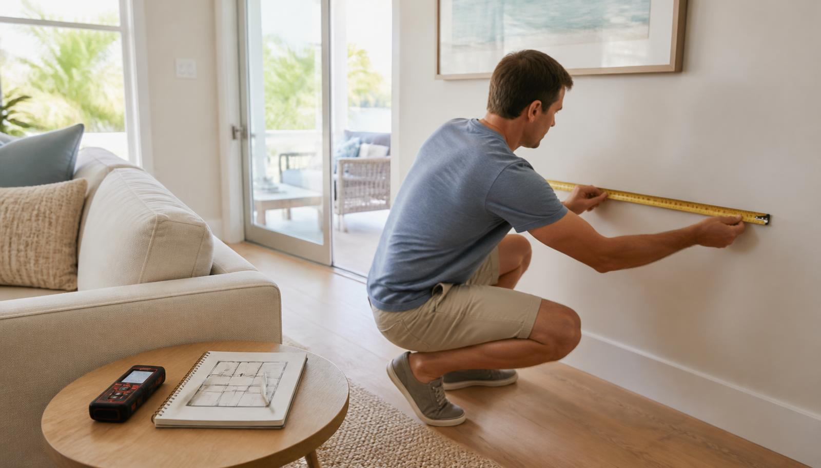 Homeowner measuring a bright living room and recording dimensions to choose furniture that fits the space and supports comfortable movement.