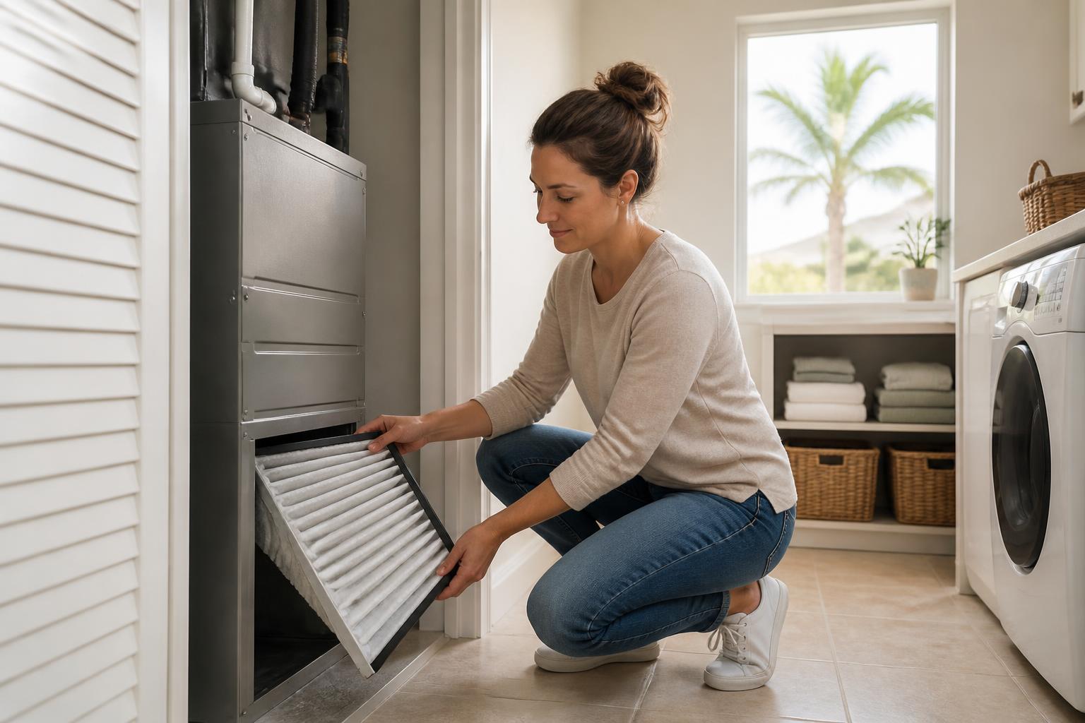 Florida homeowner replacing an HVAC air filter in a clean utility room as part of regular home maintenance.