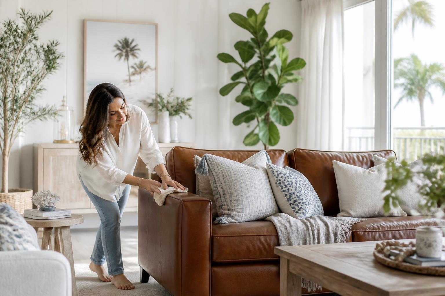 Florida homeowner caring for a leather sofa in a bright living room to help preserve its appearance over time.