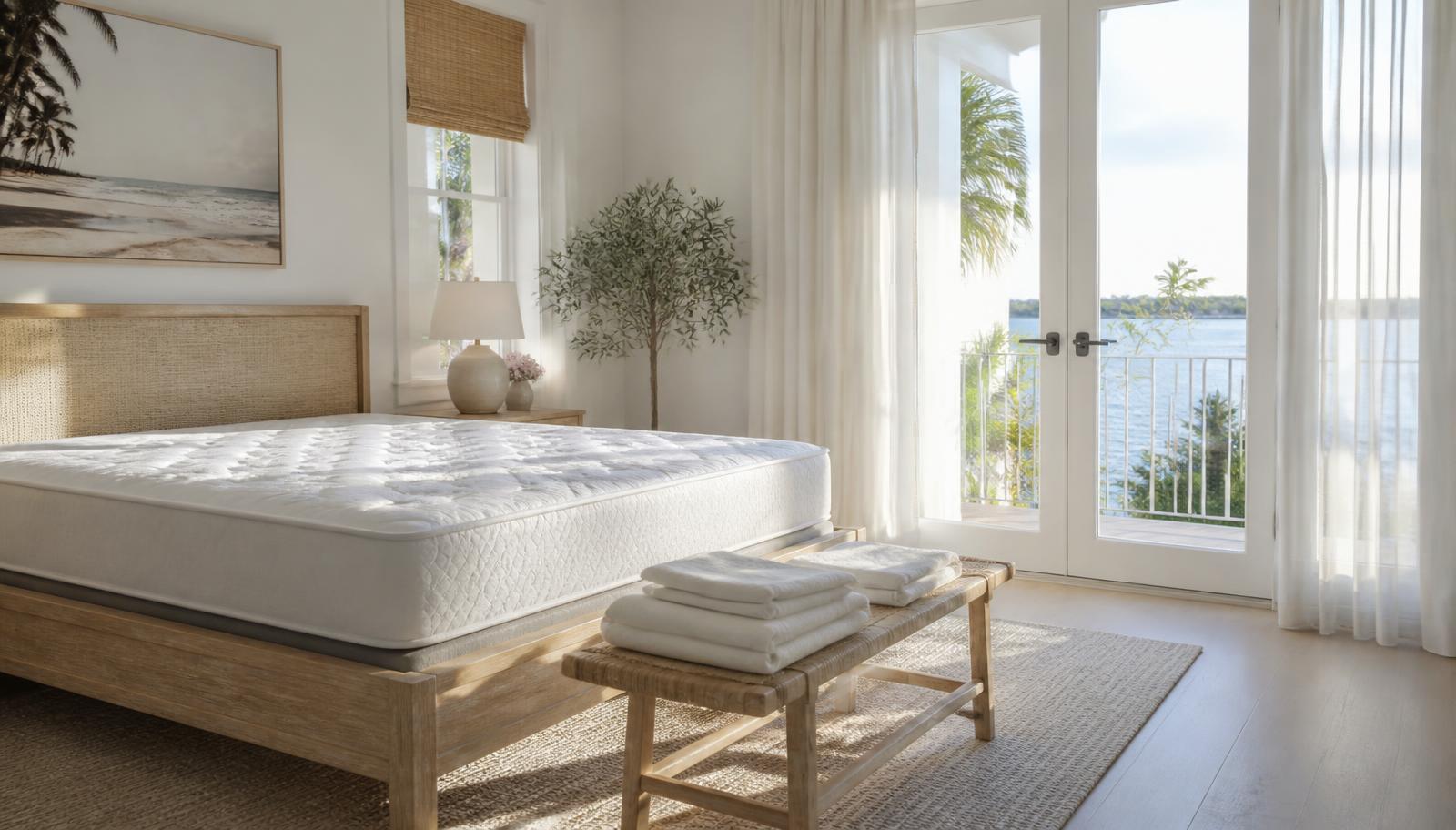 Stripped queen mattress on a light wood bed frame in a sunlit Florida coastal bedroom, ready to be rotated