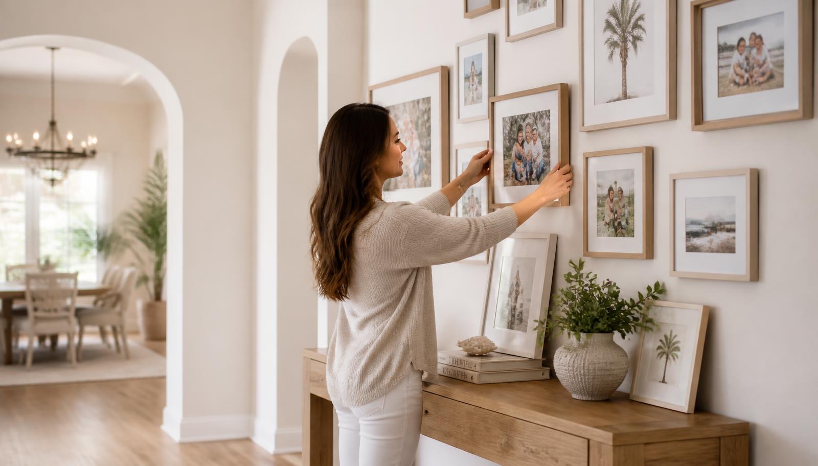 Homeowner arranging framed family photographs and artwork on an interior wall of a bright Florida home, away from direct sunlight.