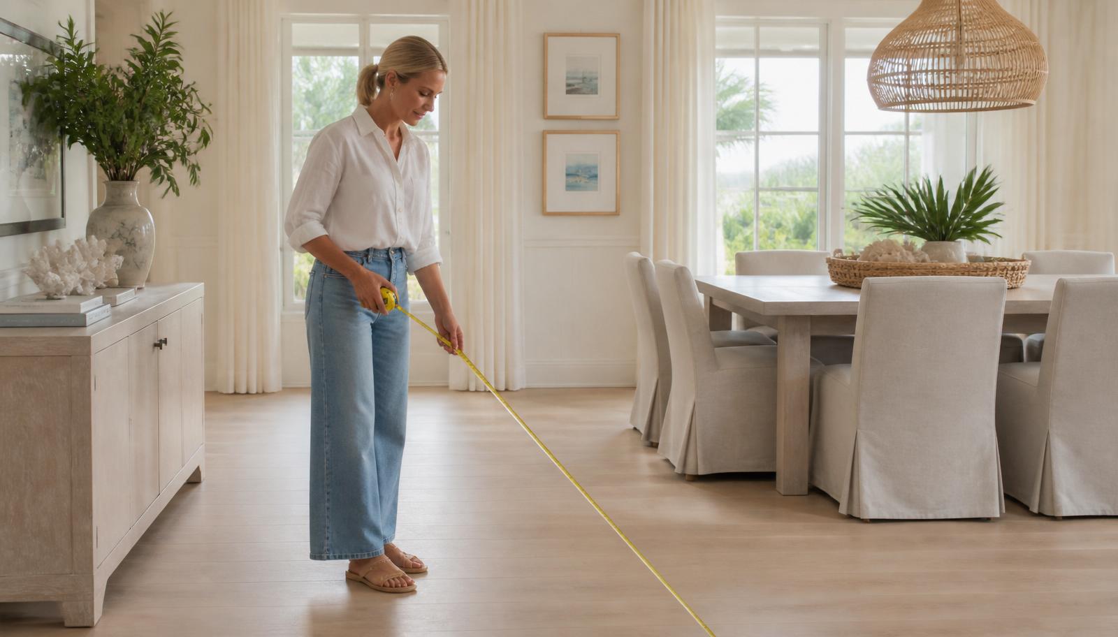 Homeowner measuring a dining room before choosing the right dining table size.