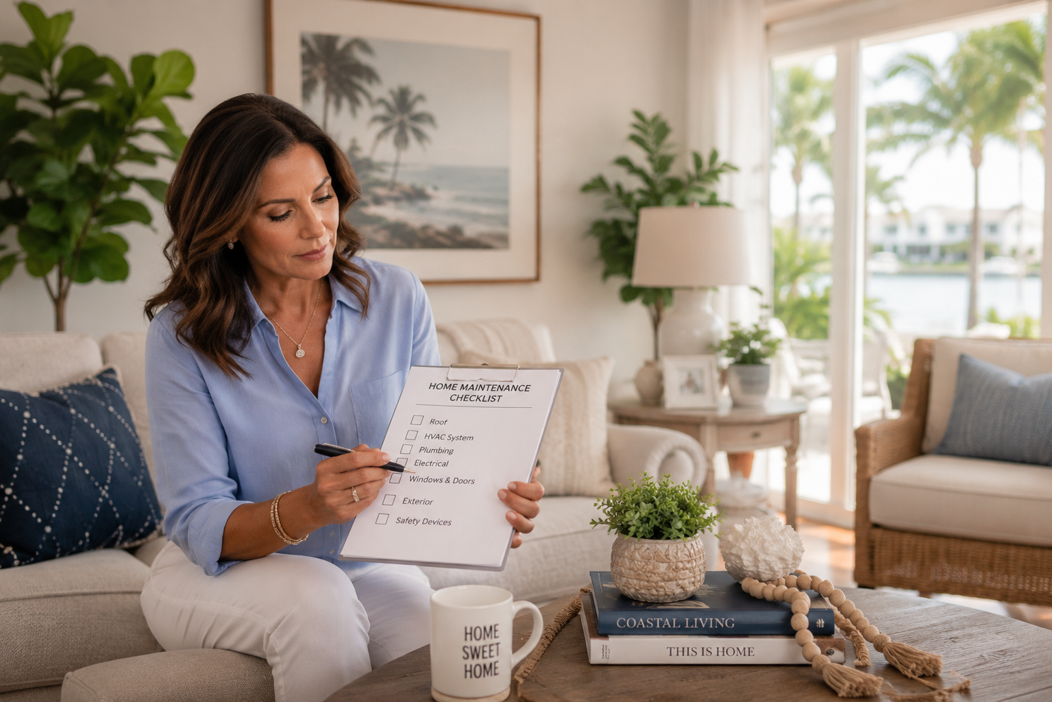 Elegant Florida homeowner thoughtfully planning home maintenance in a bright, modern coastal living room that supports everyday life.