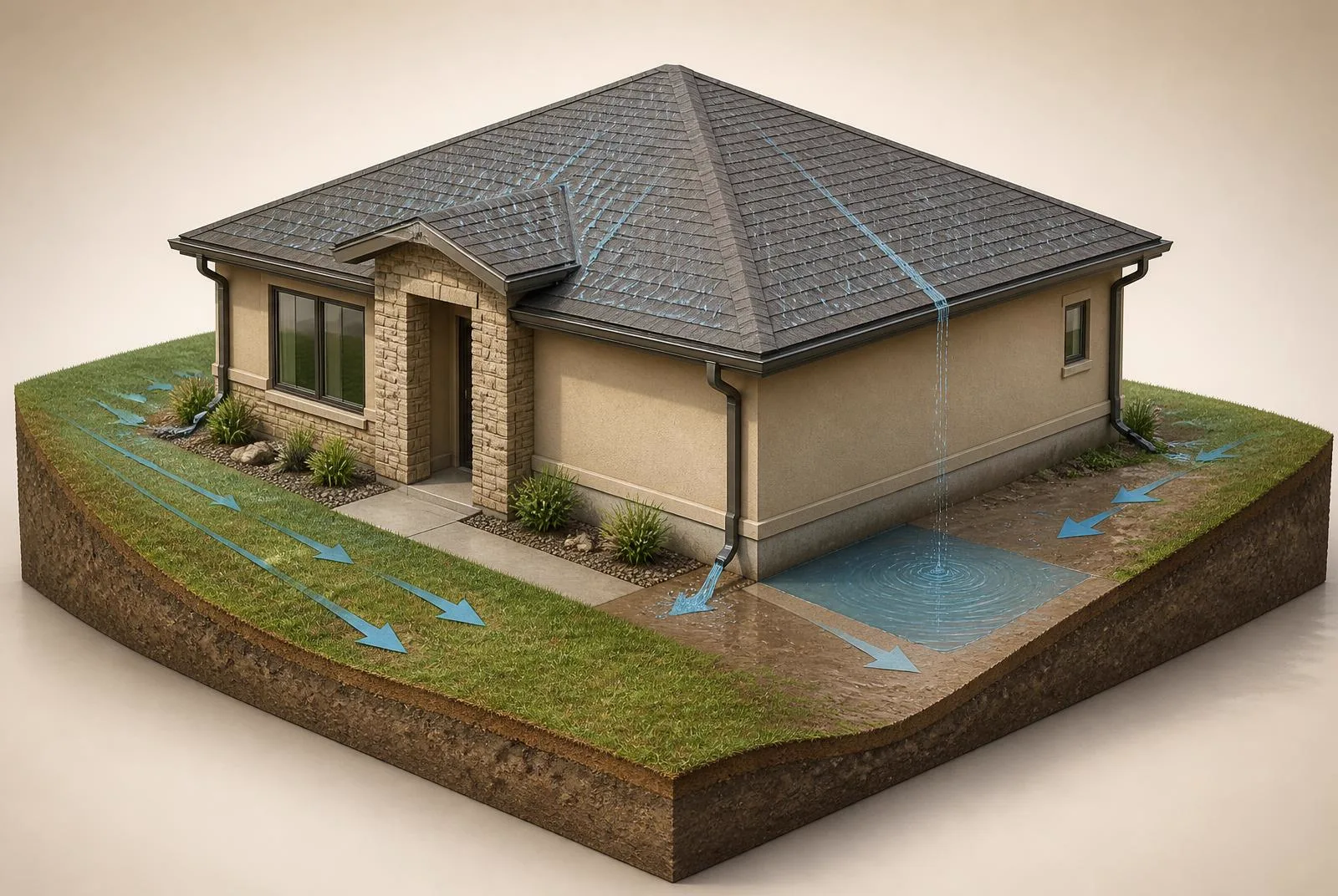 Isometric 3D illustration of a single house on its lot showing rainwater running off the roof into gutters and downspouts, ground sloping away from the foundation on one side, and water pooling against the slab on the other side where the ground slopes back toward the house.