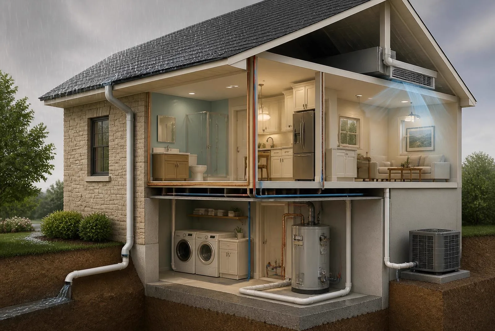 Cross-section 3D illustration of a house showing three separate water systems: rain moving off the roof into gutters and downspouts, pressurized supply lines and a water heater inside the walls, and an air-conditioning condensate line carrying moisture out of the conditioned air.