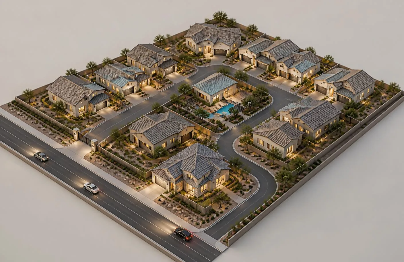 Isometric 3D view of a subdivision showing how a corner lot at the entrance experiences passing traffic and headlights while an interior lot sits farther from through traffic.