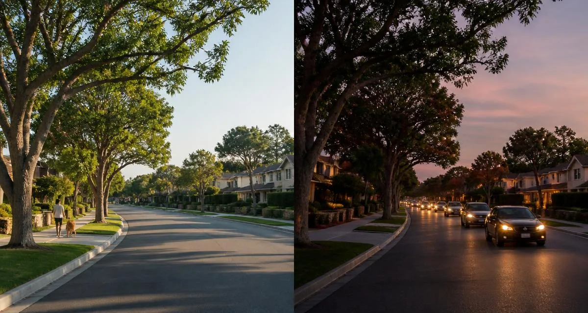Split editorial image of the same residential street at two different times of day — quiet mid-morning on one side, busy late-afternoon light and traffic on the other.
