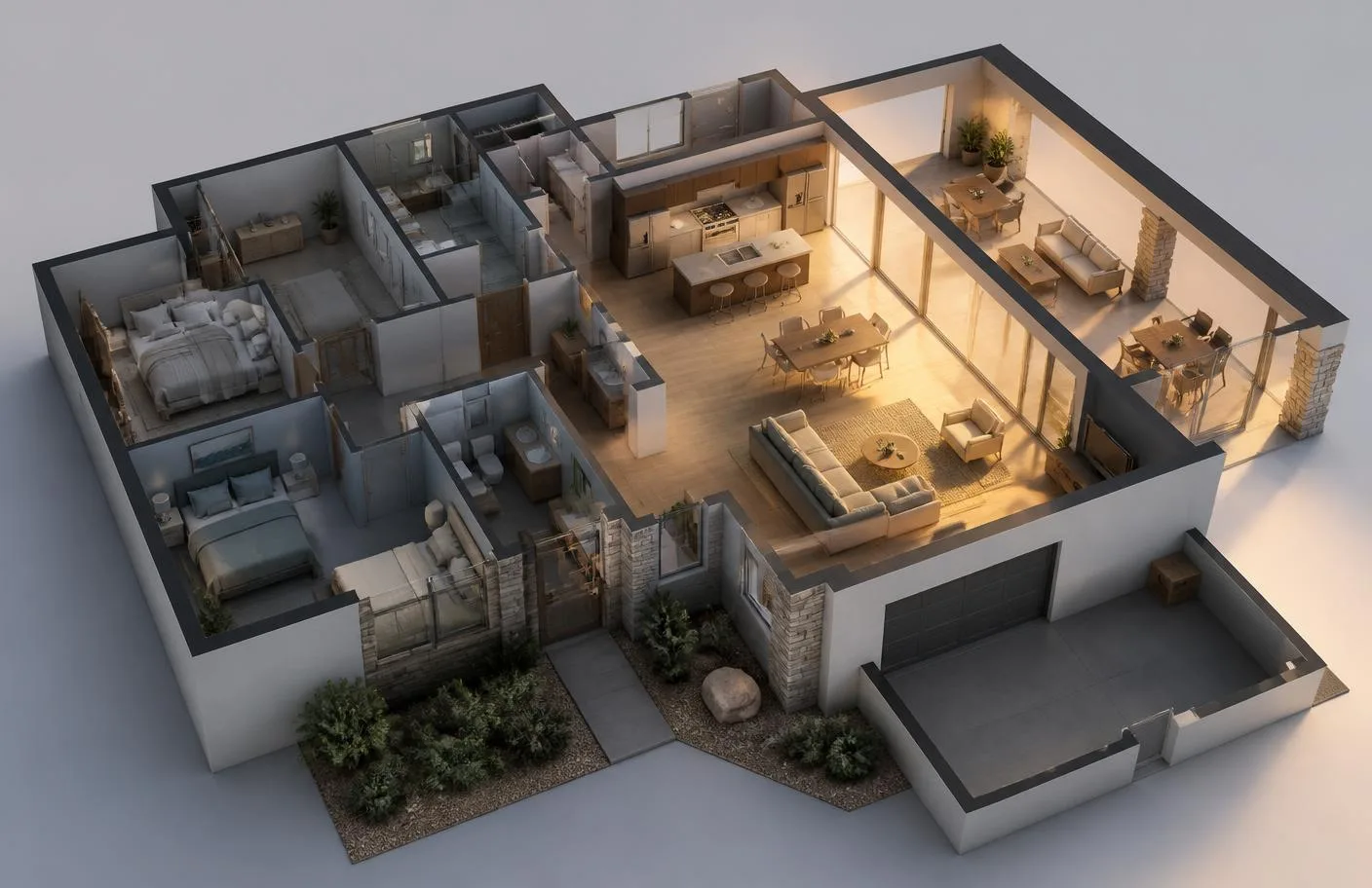 Cutaway 3D view of a home showing low afternoon sun streaming into the west-facing great room and lanai while other areas of the home remain shaded.