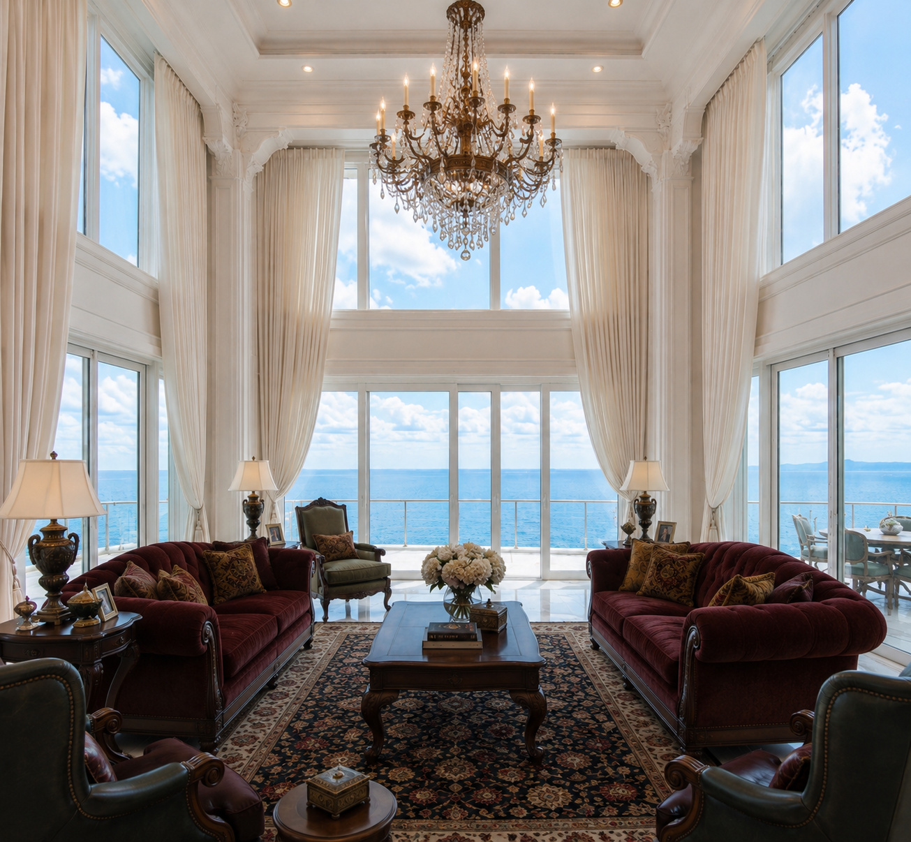 Traditional dark furniture brought from a northern home in a bright Florida waterfront living room before a coastal redesign.