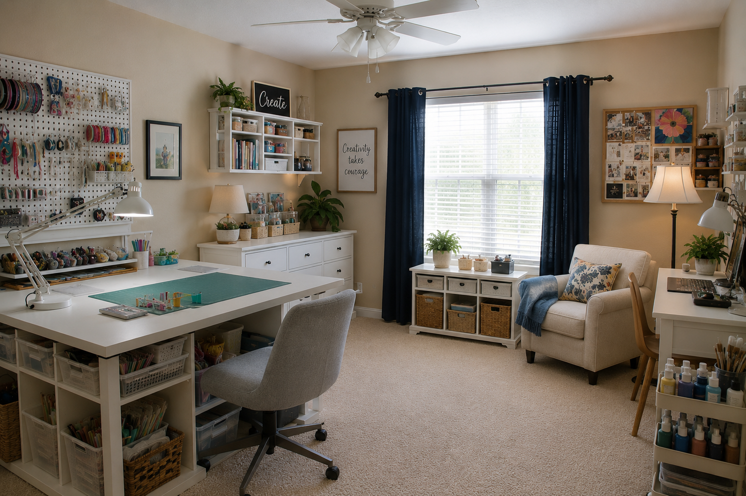 Former child’s bedroom transformed into a bright arts and crafts studio with organized storage, creative workspaces, and improved functionality.