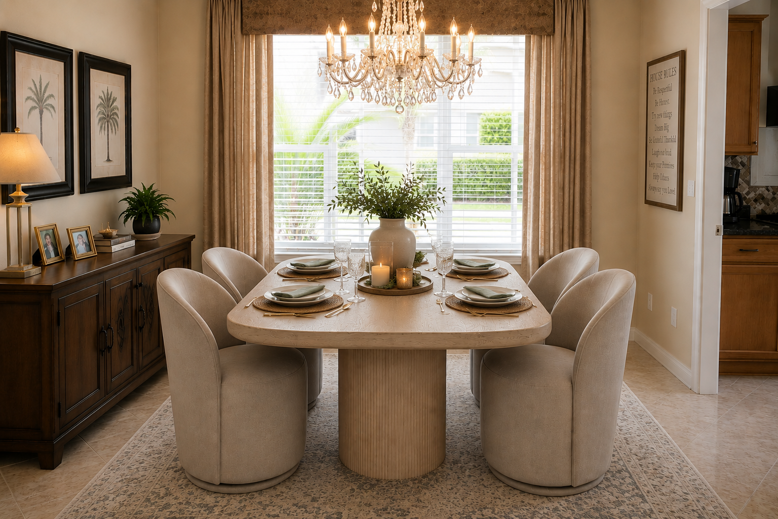 New wood dining table and upholstered chairs creating a warm and inviting family dining space.