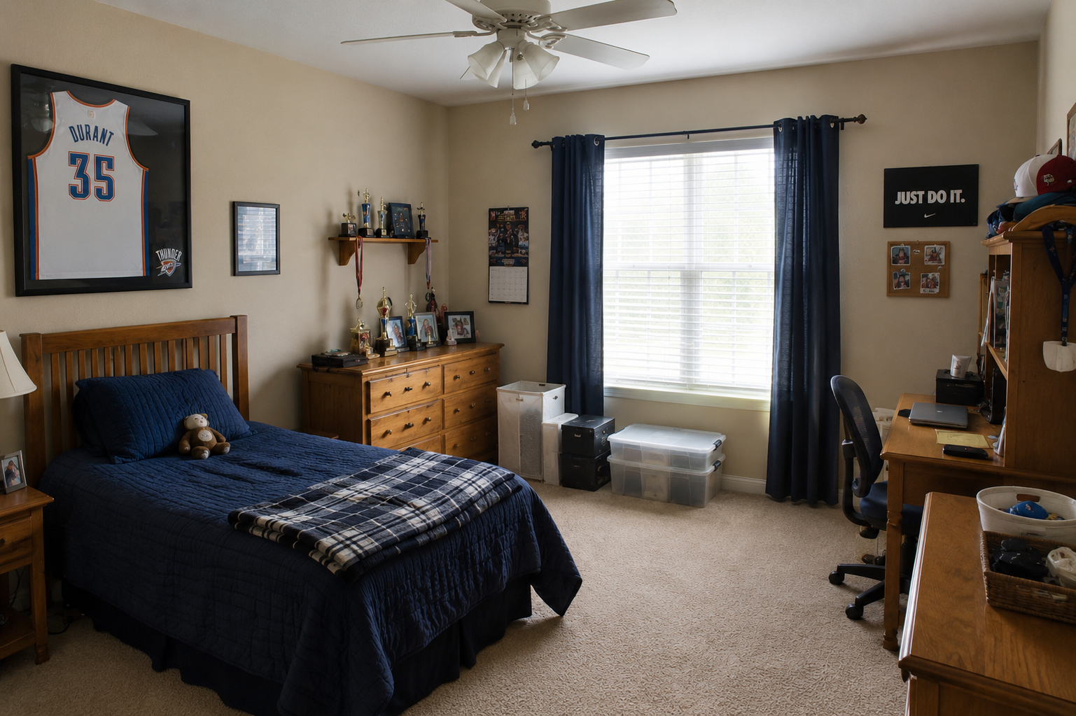 Former child’s bedroom after leaving for college with unused furniture, memorabilia, and limited daily functionality.