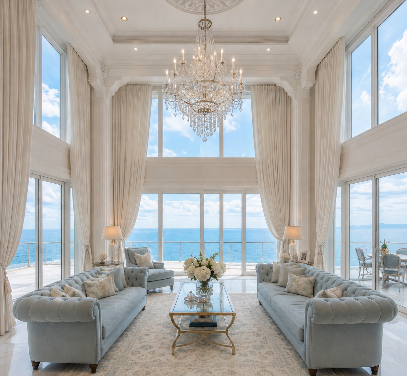 Elegant coastal living room with light blue seating, soft neutral rug, and ocean-inspired furnishings in a Florida waterfront home.